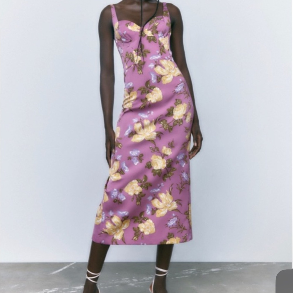 Zara Purple and Yellow Floral Midi Dress - Picture 2 of 4